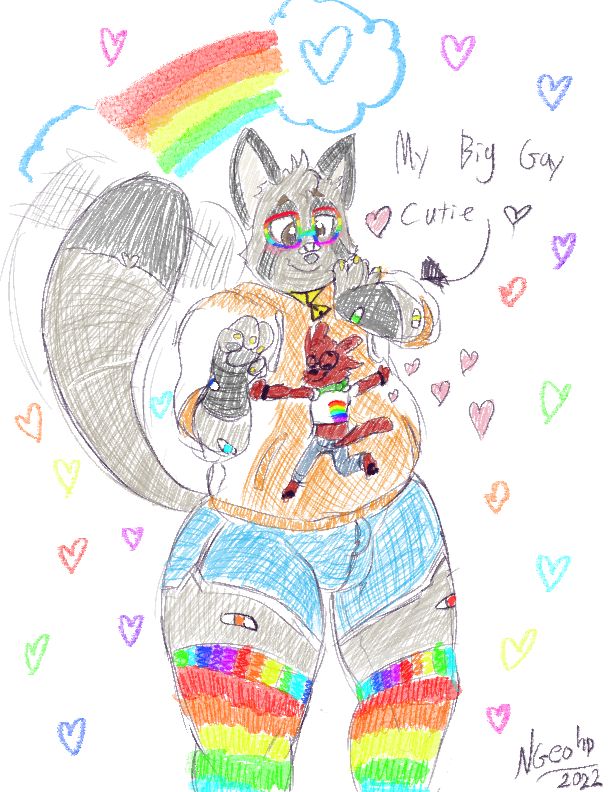 Mitch Tanuki being giant sized as he receives a hug from Lil G, his boyfriend. Mitch is wearing his typical hoodie, shorts, and collar with several multi colored bandages across his body, a pair of rainbow glasses, and rainbow stockings. Lil G is wearing his usual shirt, jeans, glasses, and scarf, but with a rainbow flag on his shirt back. Hearts and a rainbow are drawn around with the words and an arrow pointing to Mitch reading “My Big Gay Cutie <3”