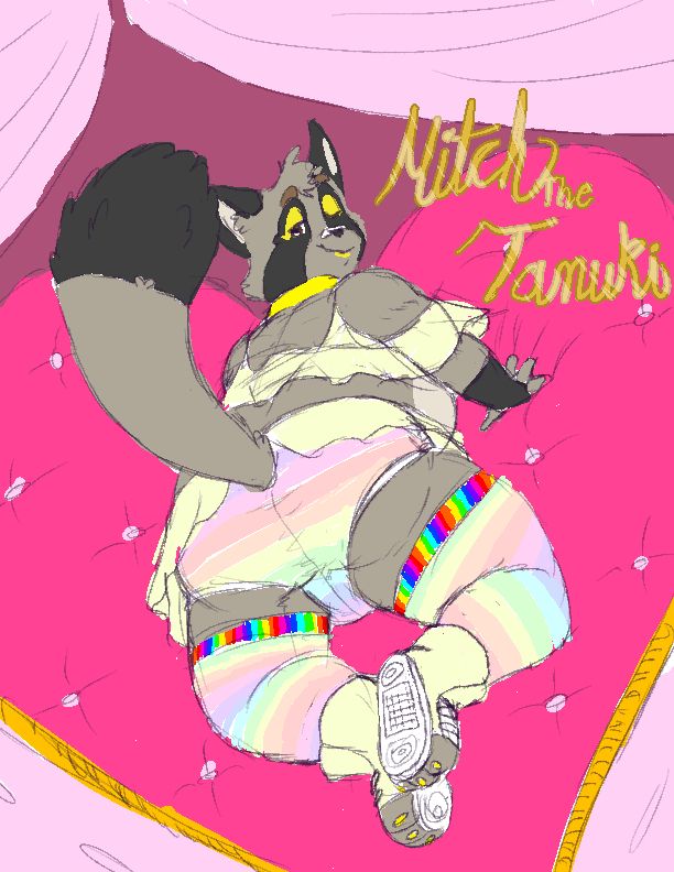 Mitch Tanuki, laying on a heart shaped bed, wearing a thin veiled pastel yellow top and skirt, pastel yellow open toed (or open pawed) sneakers with the soles exposed, and pastel rainbow colored underwear and stockings, the latter having bright rainbow ends. He’s wearing yellow mascara and lipgloss, winking to the viewer.