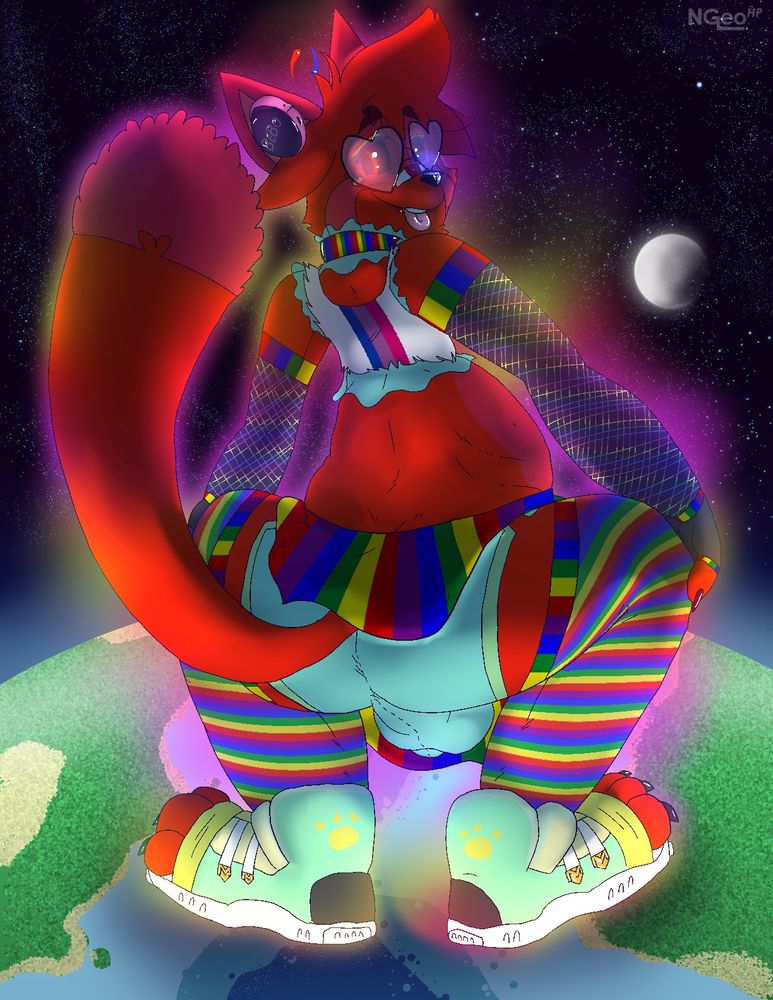 A super giant Miga’Ton (fusion of Lil G and Mitch) crouched on the planet. He’s glowing purple and yellow, wearing a combination of the previous pictures’ outfits, having a bi flag crop top with mint accents, a gay flag skirt, stockings, and fishnet sleeves. Underwear/shorts and sneakers are mint with some yellow and a paw pattern on the latter. Also wearing rainbow mascara, non-binary heart on cheek, heart bandage on nose, heart shaped glasses, and a combination of Bebo earbuds. He is sticking out his tongue, standing on both ocean and land with his bulge hanging down.