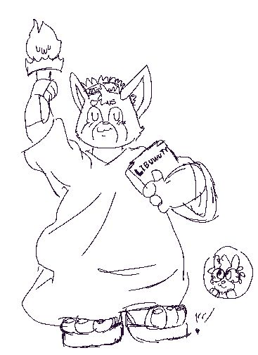 Mitch Tanuki as the Statue of “LibUwUty,” giant sized and wearing a robe, crown, sandals, torch in one raised hand, and book around the other arm. Lil G, his boyfriend, is standing by his sandals, looking up. It is up to the viewer if Mitch is simply dressed as such or actually a living copper colossus~