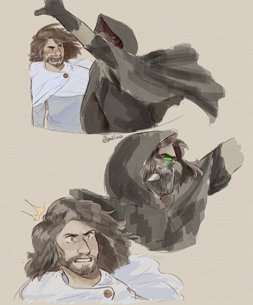 a mini comic of two men, one dressed in white and one in black. the man dressed in white has long brown hair and a long white cloak, while the man in black has his face obscured by a robotic mask. In the first panel, the man in white is yelling angrily at the man in black, while he has his hand out stretched. the second panel has the man in black looking menacingly over to the man in white, his eye glowing a sickly green. In the last panel, the man in white is shocked at realizing who the man in black is.