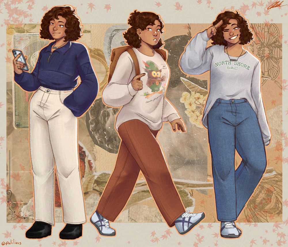 an illustration of Pali in three outfits. Left fit is a blue sweater croptop, white jeans and black shoes. Pali is holding a phone and smiling at the screen. The middle fit is a white sweater with a Woodsy Owl graphic, dark orange pants, and white and blue sneakers with a tan backpack. Pali is walking to the right while looking to the left. The right fit is an oversized grey shirt reading North Shore Hawaii, blue jeans and white and blue sneakers. Pali is winking and saluting at the camera.