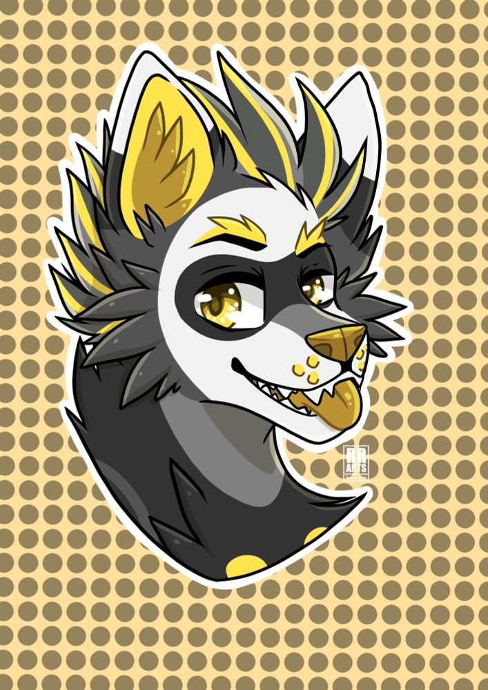 A black, white, grey and yellow anthropomorphic character with their tongue stuck out. 