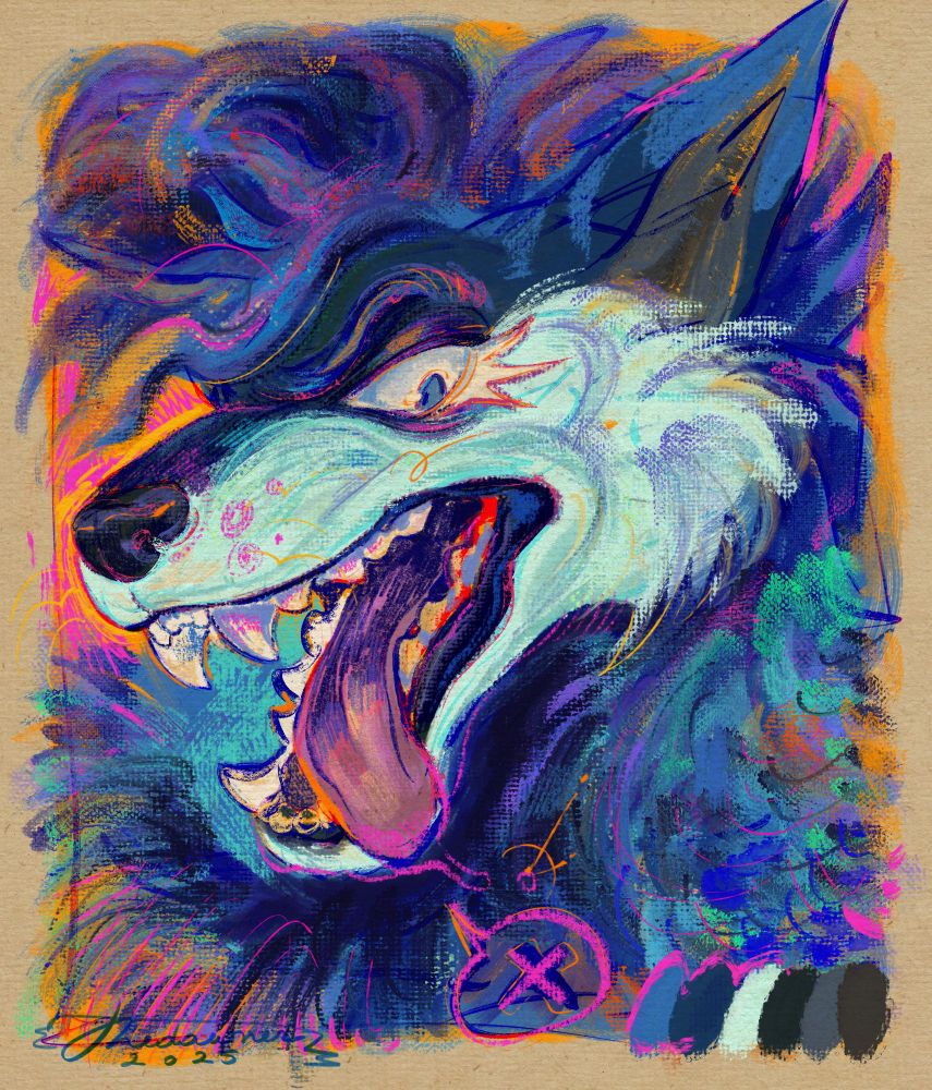 A colorful portrait of a blue, anthropomorphic wolf character.