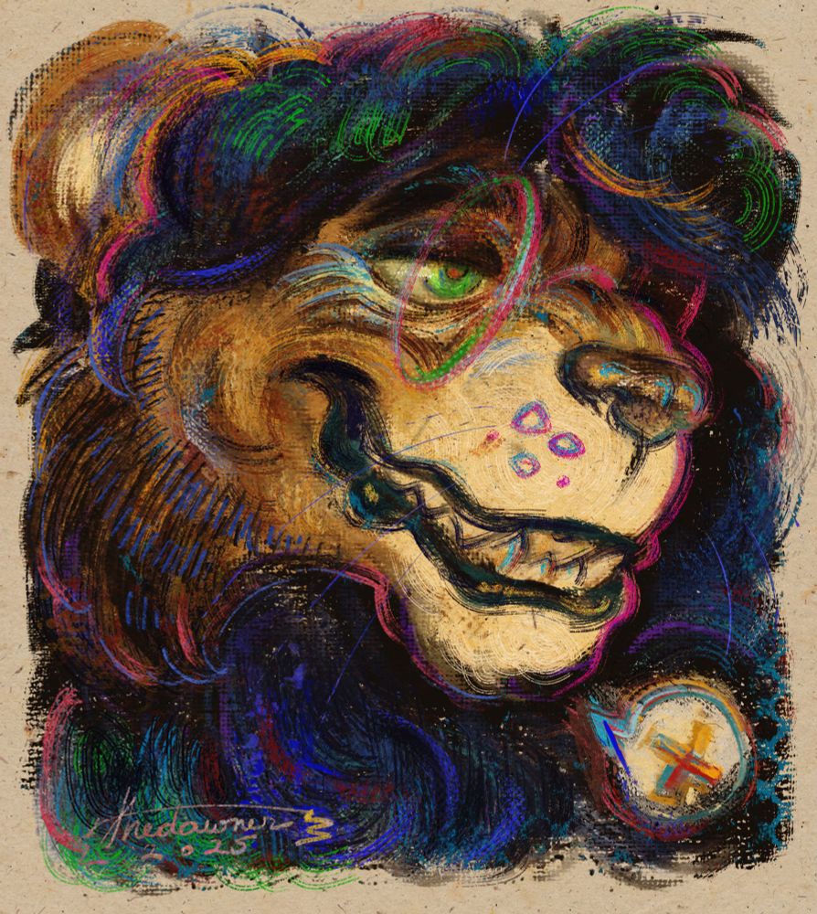 A colorful digital portrait of an anthropomorphic lion character.