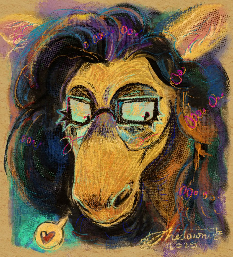 A colorful digital portrait of an anthropomorphic, yellow donkey.