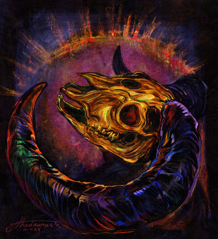 A colorful digital portrait of a necromancer-like character. The character has a golden ram skull for a head and is posing against a dark, grungy background with pink, purple and blue undertones. A golden halo and the character’s curved horns act as a frame for the composition.