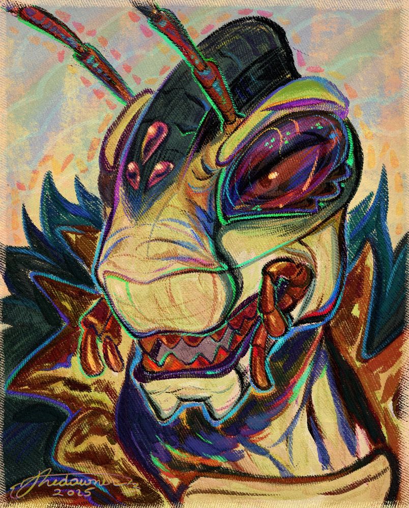 A colorful digital portrait of an anthropomorphic grasshopper-like character.