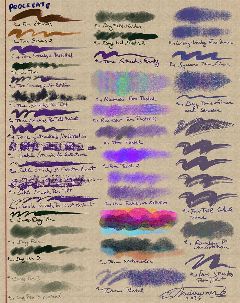 Brush preview page for Procreate. Each of these brush packs has more examples on my Ko-Fi page.