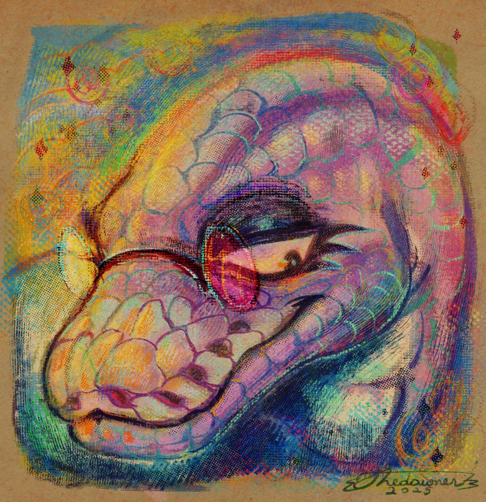A colorful digital portrait of a smiling anthropomorphic ball python character.