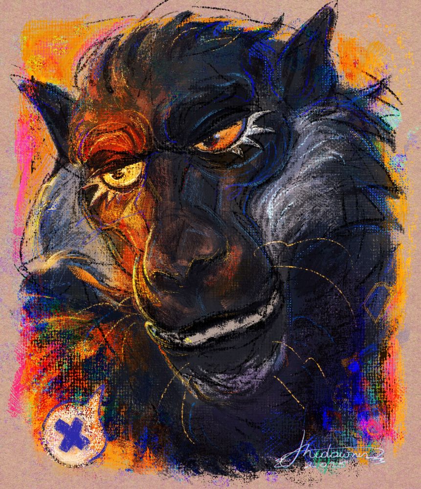 A colorful digital portrait of an anthropomorphic mandrill/olive baboon character.