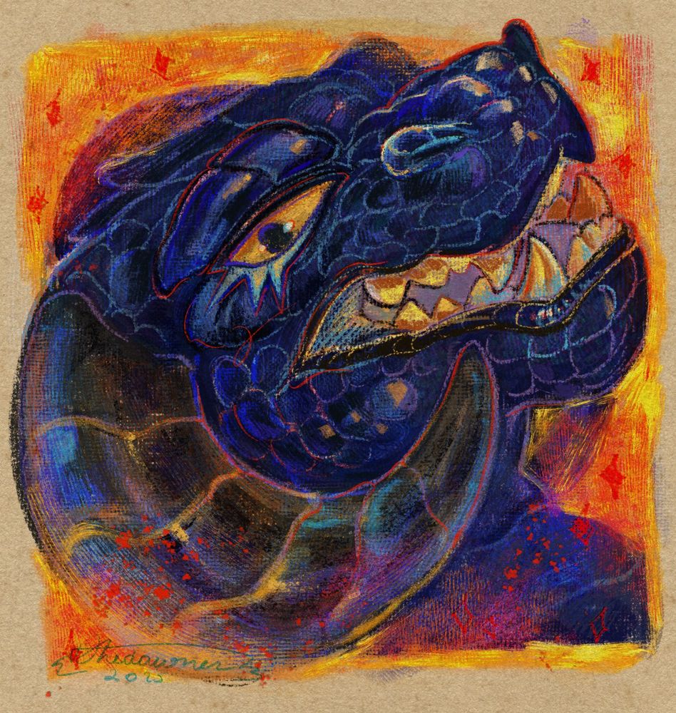 A colorful digital portrait of a dark blue dragonborn character.