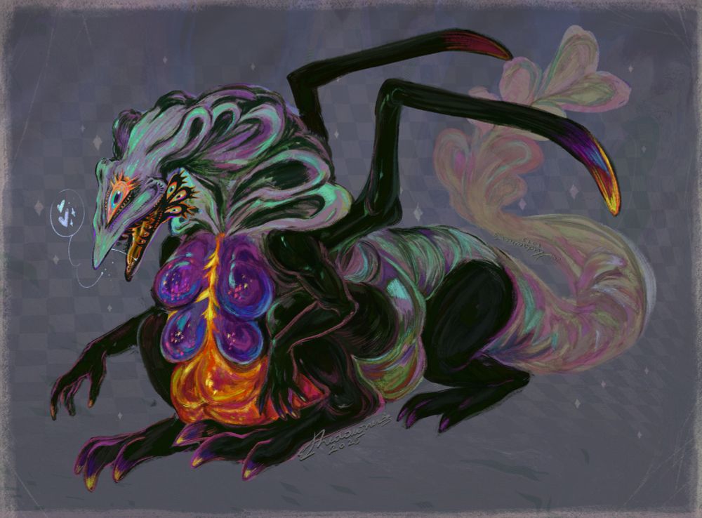 A digital full-body drawing on a one-eyed, alien-like centaur creature.