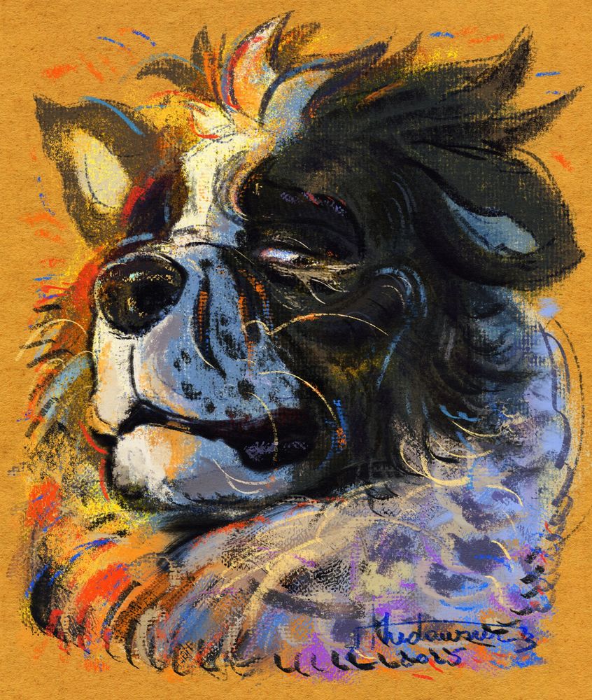 A colorful digital portrait of a Moscow Watchdog/Chow-Chow mix. They look tired.