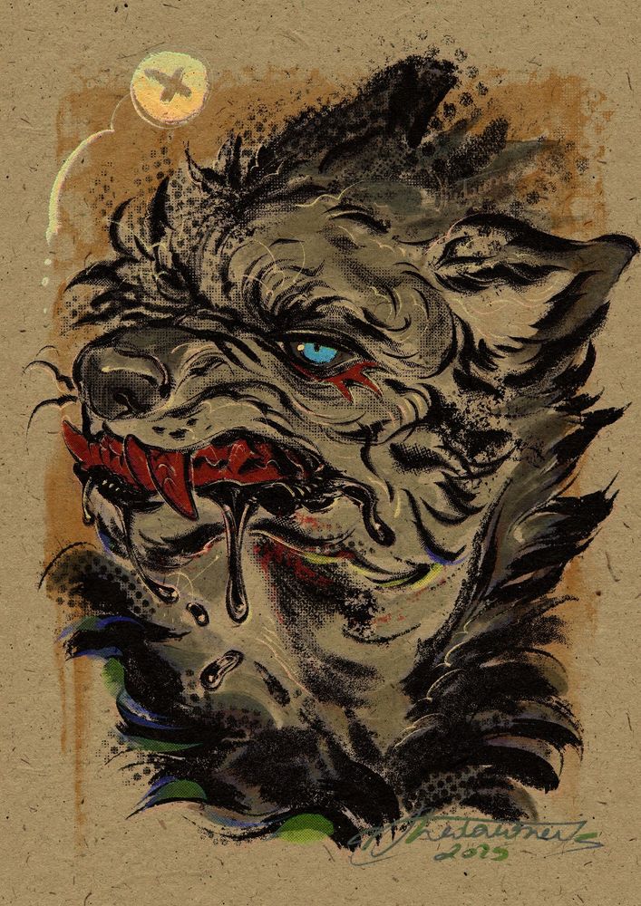 A digital portrait of an anthropomorphic snarling canine character.