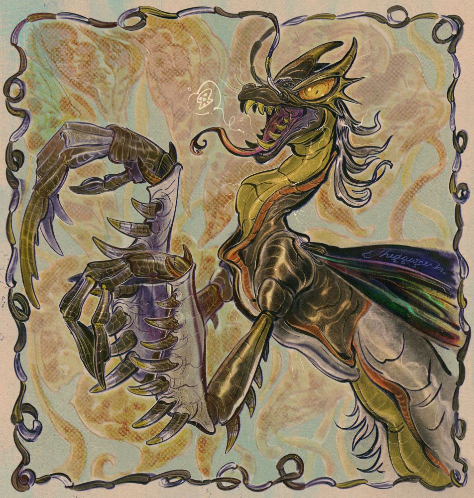 A digital illustration of an anthropomorphic insect/dragon character with colors based off the agender flag.