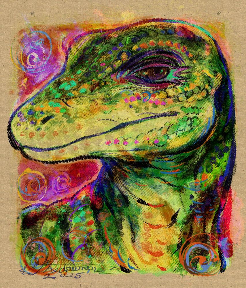 A colorful digital portrait of an
anthropomorphic green tree monitor character.