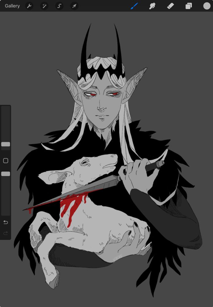 monochrome bust sketch of an elf with long white hair in a feathery black coat. he wears a black, horned crown and the tips of his ears are cross-shaded. in his arms he holds a lamb (?), a dagger to it's throat. blood runs from it's throat. the blood and his irises are red. 