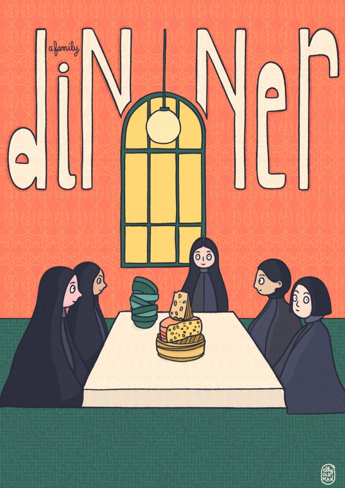 L’image représente une famille dans une esthétique très dark qui est réunie autour d’une table et de fromage