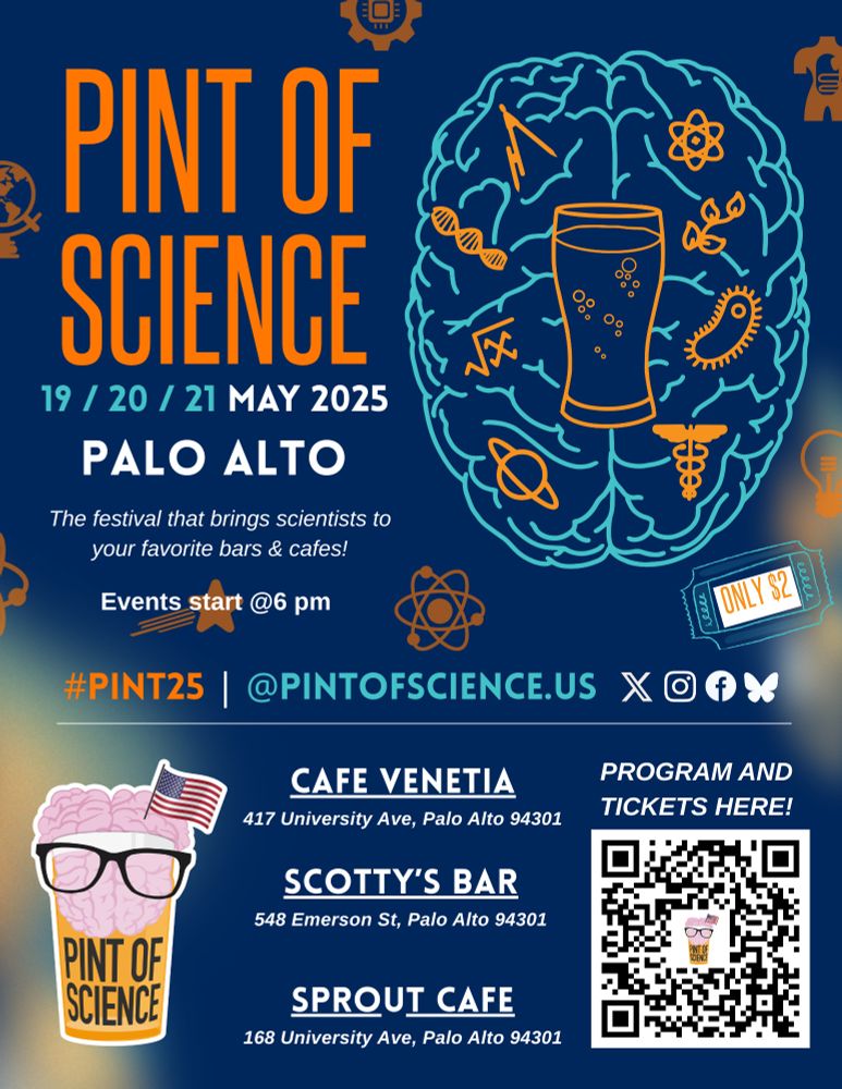 Pint of Science poster for Palo Alto CA. Shows events occurring May 19, 20, and 21st and has a QR code to more information 