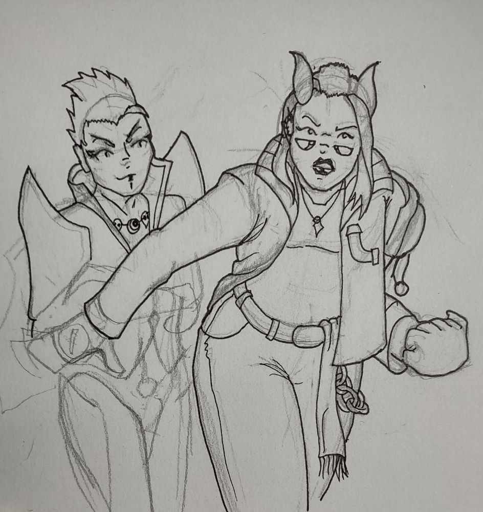 A large, somewhat physically intimidating woman, stepping in front of Flare/Temple, the glam rock/ David Bowie warframe, to come to their defense, glaring at someone who probably misgendered them. Flare looks on in bemusement behind her.