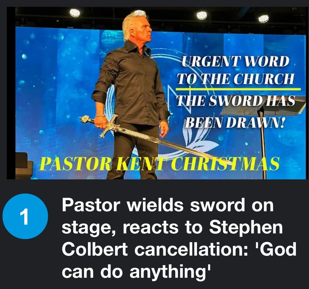 Picture of Pastor Kent Christmas holding a sword celebrating Stephen Colbert being cancelled. Background screen says, "Urgent word the the church: the sword has been drawn!"
