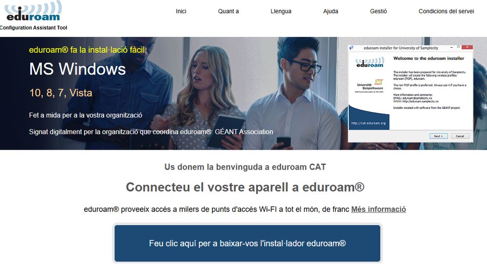 Captura de la pàgina d'inici de cat.eduroam.org