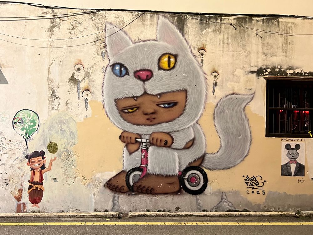 Street mural of cartoon boy with blue and yellow eyes dressed in a cat costume riding a scooter
