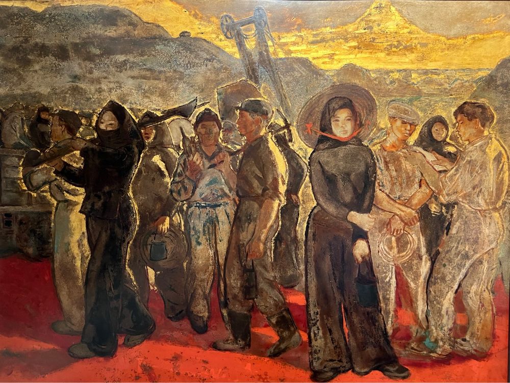 Vietnamese lacquer painting showing workers standing and walking, including a woman in loose black clothing and a traditional hat