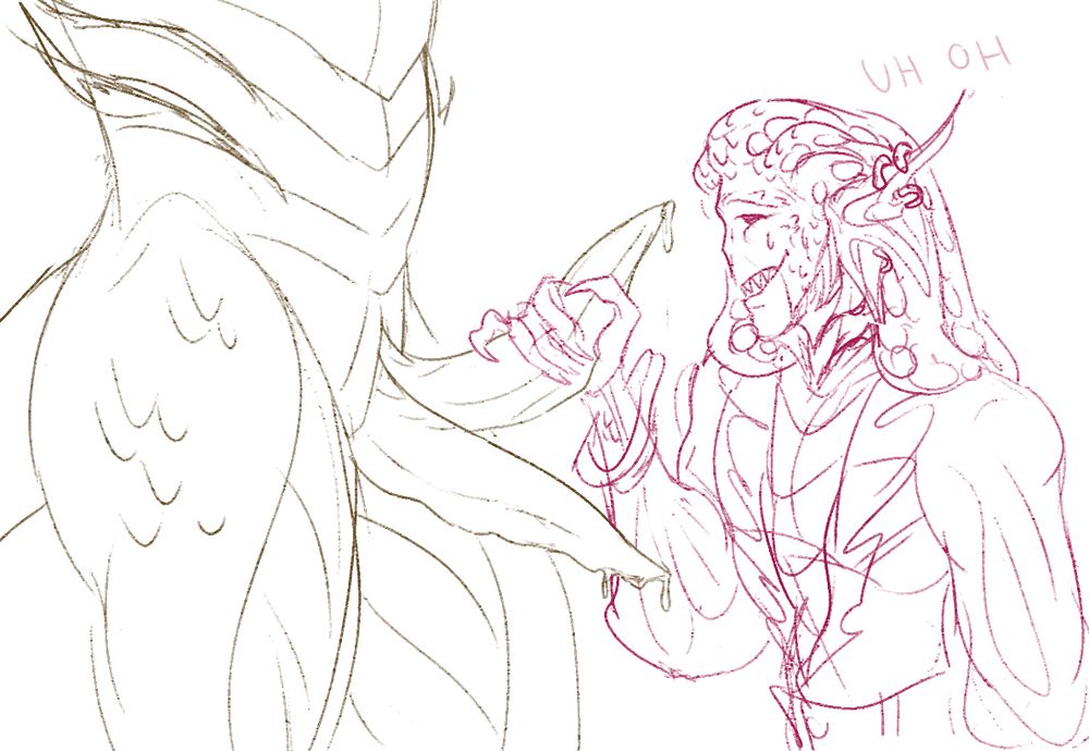 A digital illustration of a triton giving a helping hand to a burly hunky sahuagin. Call it a diplomatic mission.