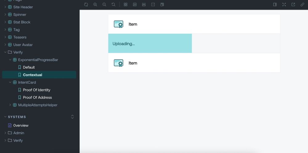 A screenshot of Storybook. On the left-hand menu is highlighted ProgressBar, Contextual. On the right is a live preview of how the loading bar looks when sandwiched between two items.
