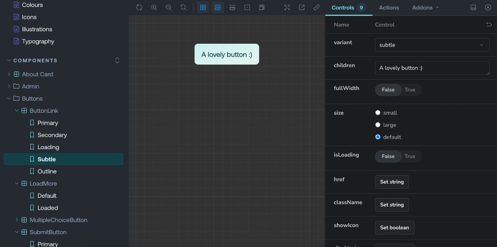 A screenshot of Storybook. On the left-hand menu is highlighted Button, Subtle. In the middle is a preview of the button, and on the right is a control panel where you can set the state, copy, etc of the button.
