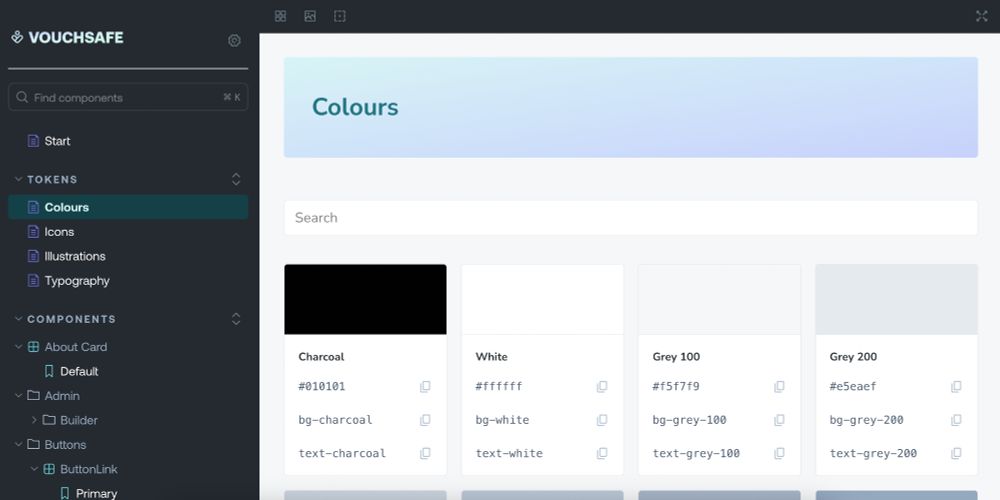 A screenshot of Storybook. On the left-hand menu is highlighted Colours. On the right is a grid of colours, with copyable hex codes and Tailwind class names.