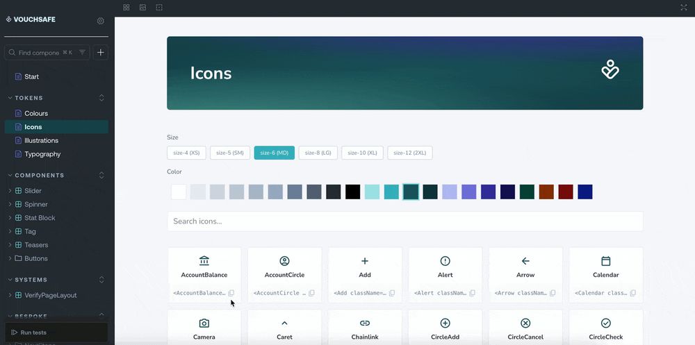 A GIF showing the Vouchsafe Storybook page for our icon library. In the animation I click a size option and some colours, then find the icon in the grid gallery and click on the button at the bottom to copy the code.