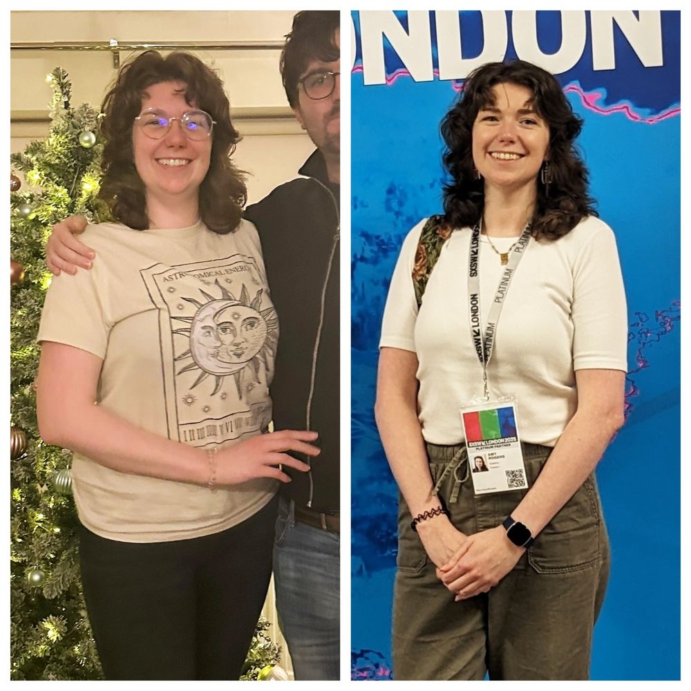 A before and after photo of me showing how I've changed over the last six months. On both sides I'm standing facing the camera and smiling, but on the right I look thinner!