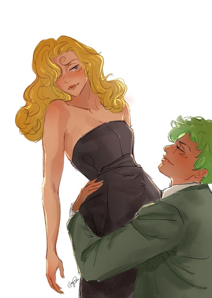 Wearing a black, strapless dress, fem!sanji leans back with a sultry look on her face as fem!zoro in a green suit catches her