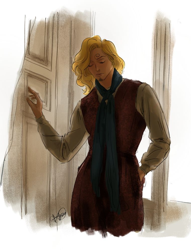 Sanji standing behind a window with a melancholy look, one hand in his pocket and one slightly touching the wall. He wears a maroon vest and pants over a beige polo, plus a dark blue scarf.