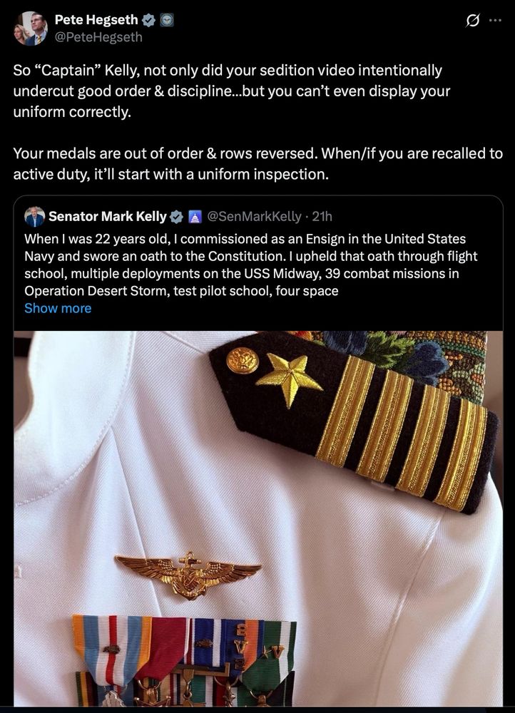 Screen capture of Pete Hegseth's post on X/Twitter showing him quote tweeting Mark Kelly's post with its attached image. The attached image is not mirror reversed, but taken of the uniform top on a hanger showing (likely) correct ordering of the medals.