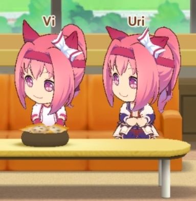 A cropped screenshot of the Bakushin-do club room, with Violett and Uri both represented by Haru Urara.