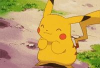 a pikachu is standing on a dirt road with its eyes closed