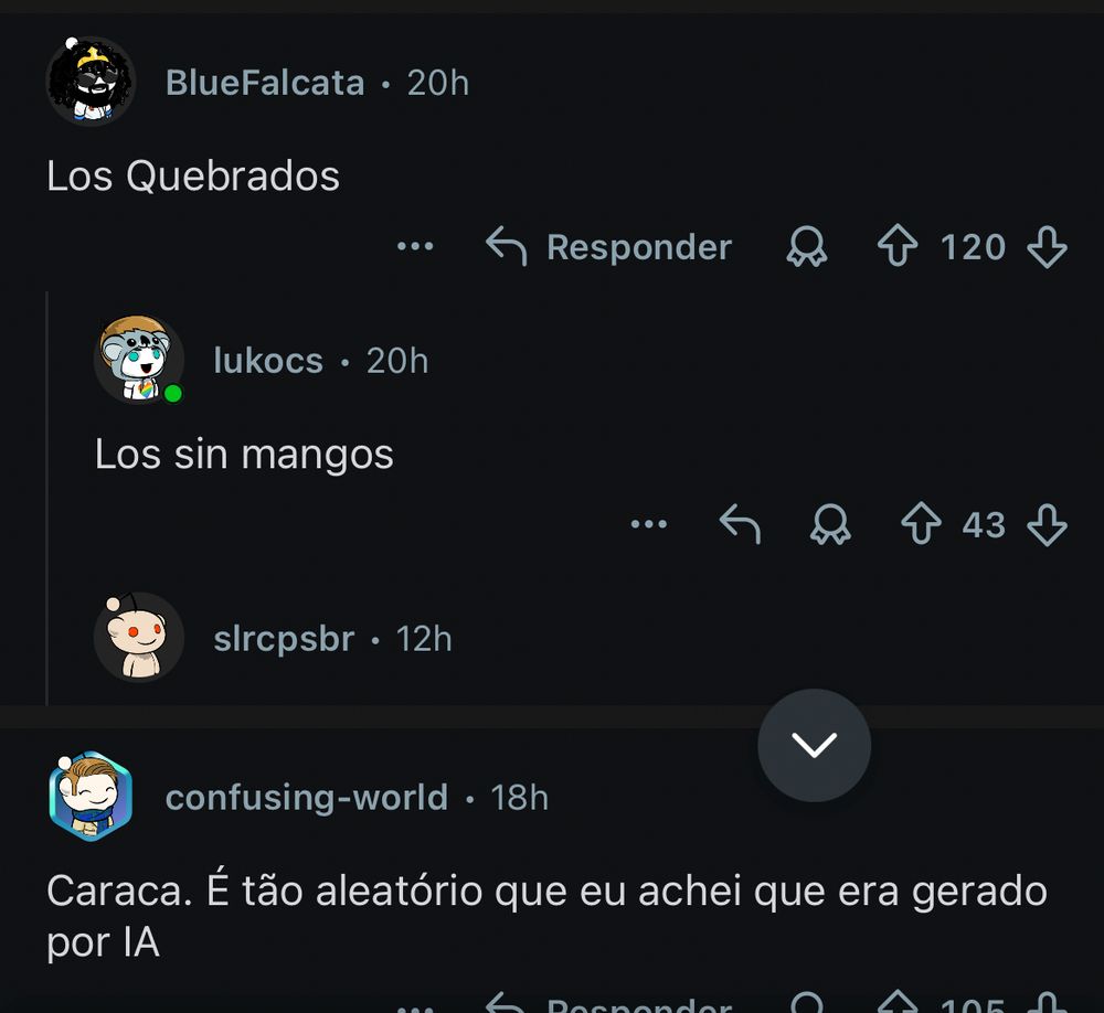 Un hilo de comentarios de Reddit sobre el show de Milei. Uno pone “los quebrados”, el otro pone “los sin mangos”. Luego más abajo alguien dice que es tan loco que se pensó que era IA. 