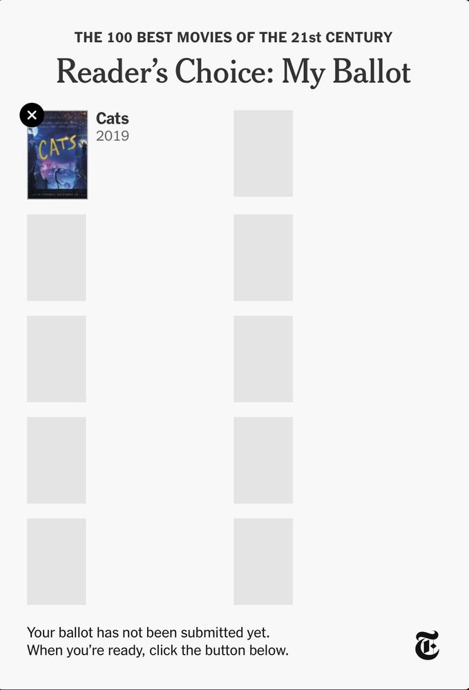 A NY Times Ballot for the Best Movies of the 21st Century that only features CATS (2019)