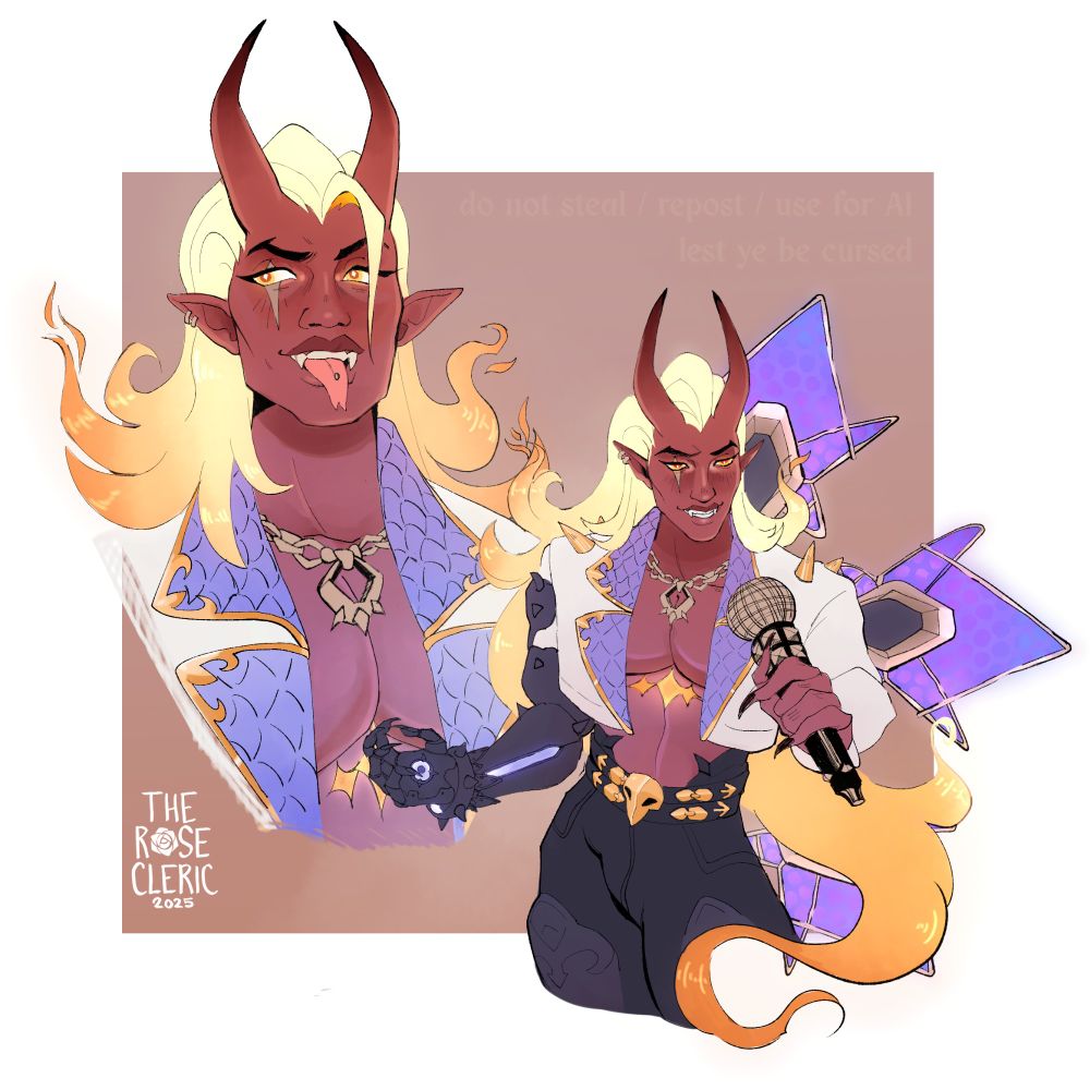 Two images of Lifeweaver from Overwatch in his Demon Rocker skin. He is a red tiefling with blonde, flaming hair. He has golden eyes, with a scar going down the center of his left-facing eye. He wears a white jacket with purple lining, a silver pointed chain around his neck, black pants, and a gilded skull belt. On the left side is a close up bust of Lifeweaver, smiling and sticking his forked tongue out, sharp teeth. On the right he is smiling, singing in to a microphone.