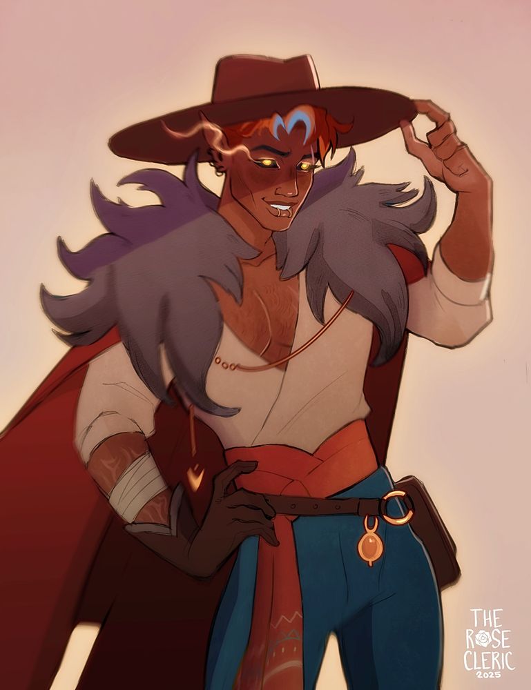 A half-body portrait of Pyre, who has deep brown skin, golden glowing eyes with black scleras, and red cropped hair with blue and orange bangs. A brown flat brimmed hat is on his head protecting him from the sun. He wears a long red coat around his shoulders with a large fur trim. Underneath he wears a white open shirt (revealing a hairy chest), an orange sash, a supply belt, and blue jeans. He has bandages and a short glove on his left arm that covers burns.