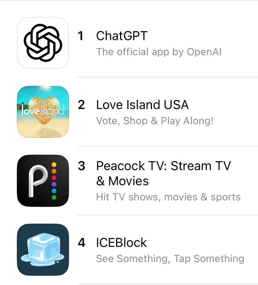 Ranking of the top free apps on the app store. Iceblock is number 4 at the time of posting.