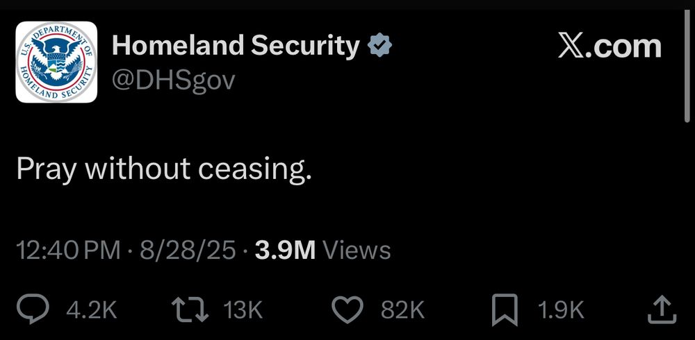 screenshot of twitter tweet by @DHSgov “pray without ceasing.”