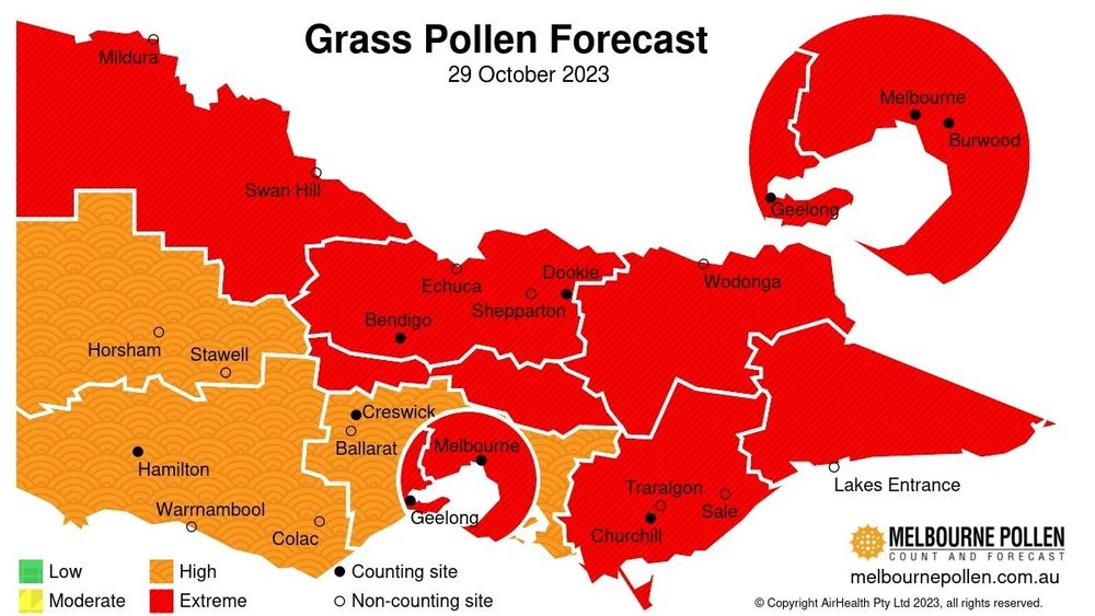 Pollen forecast for 29 October 2023 for Victoria showing "extreme" in most regions and "high" in the remaining