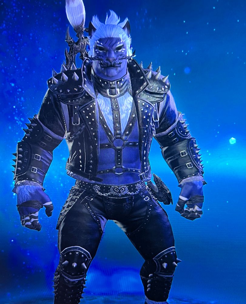 Blue Hrothgar Pictomancer wearing leather armor