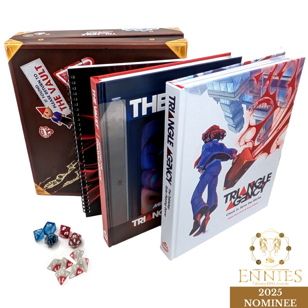 The Triangle Agency Normal Briefcase collection next to a badge that says Ennies 2025 Nominee.