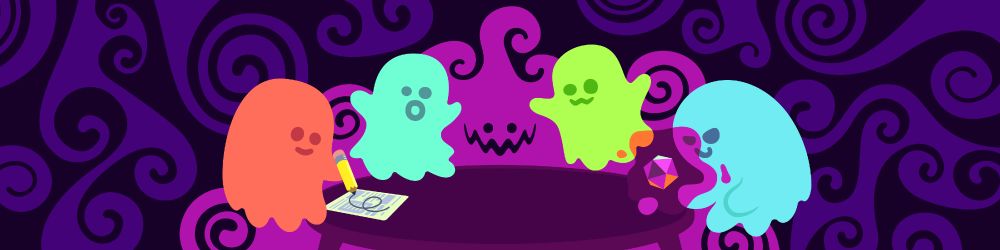 A table surrounded by ghosts, including one with the face of the Haunted Table ghost logo. The ghosts are writing, gasping, smiling mischievously, and playing with a twenty-sided die.